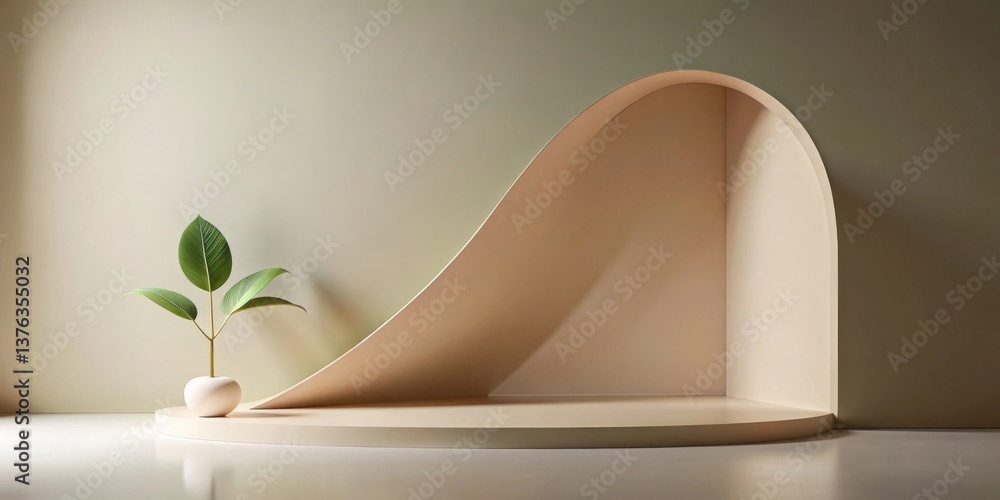 Aufkleber serene minimalist display featuring a plant in a simple white pot on a pale beige circular pedestal 