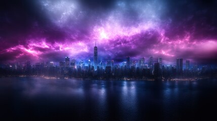 Neon Cityscape Under a Purple Storm