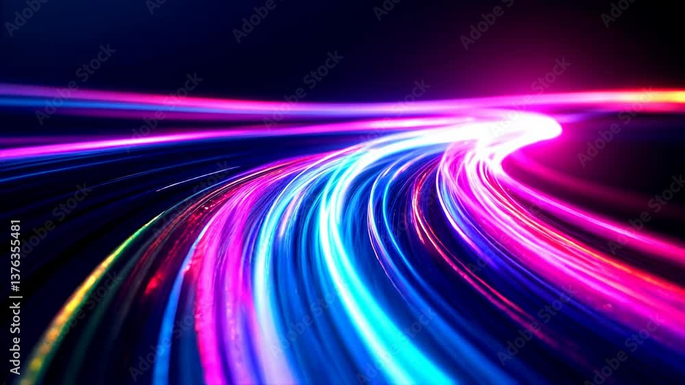 Poster vibrant neon light trails creating dynamic motion in a futuristic digital space