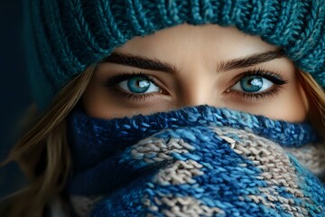 Fototapeta premium Mysterious blue eyes of young Caucasian woman wearing winter knit hat and scarf covering face. Dark moody portrait with intense gaze and dramatic lighting.