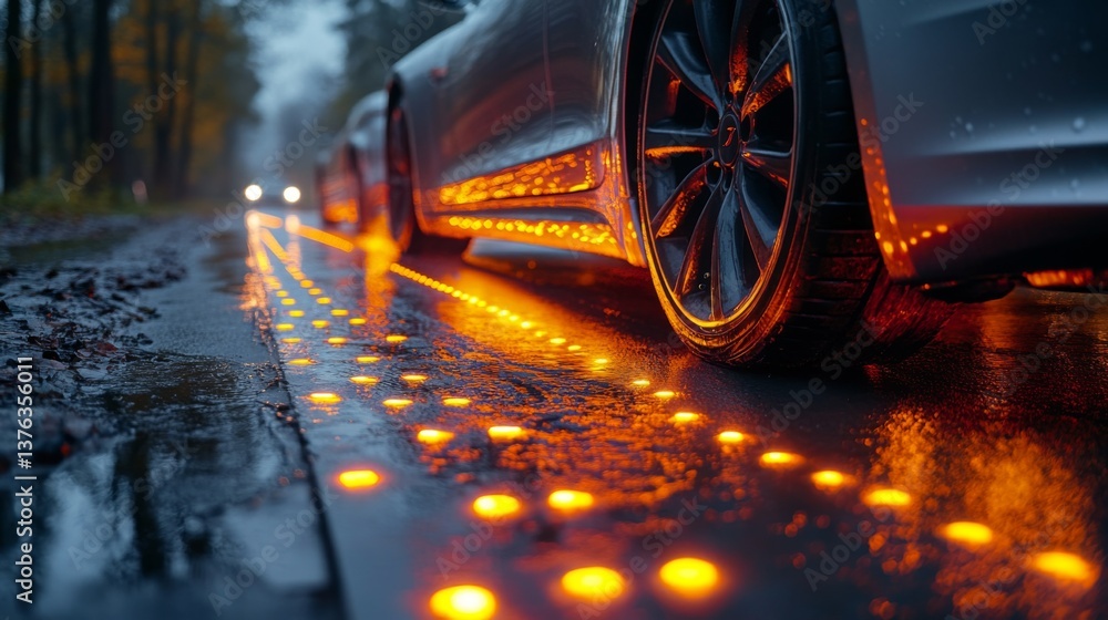 Poster Advanced smart road infrastructure features illuminated pathways on a rainy day, enhancing visibility and safety for autonomous and connected vehicles navigating through wet conditions.