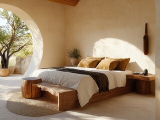 Discover the serenity of this minimalist bedroom, bathed in natural light and featuring a unique circular window that frames the outdoor greenery The warm, neutral tones create a calming and inviting