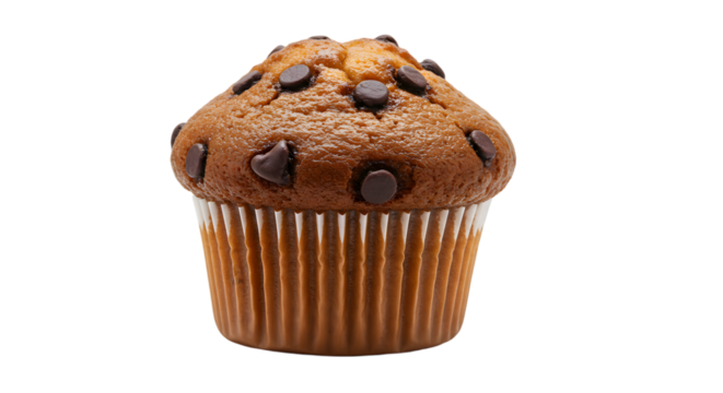 A single chocolate chip muffin in a white paper liner against a black background in a close up shot