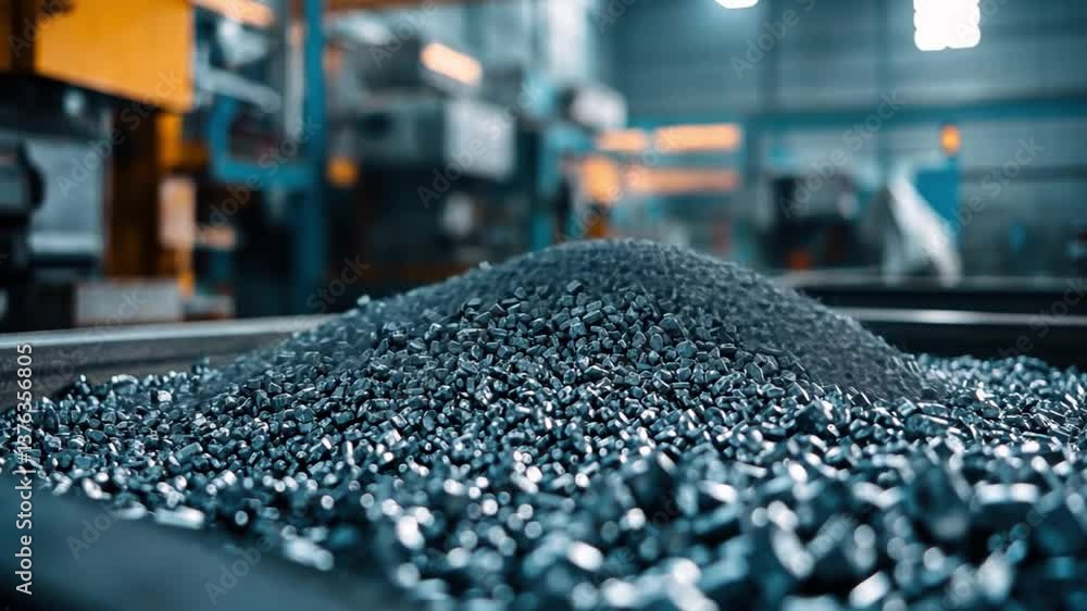Poster close-up view of shiny metal shavings piled in a large container in a modern industrial workshop set