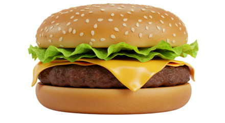 A close up of a hamburger with lettuce and cheese on a sesame seed bun on a black background