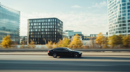 A realistic city highway scene with a black sedan driving fast on the highway, a modern city skyline with tall buildings in the background