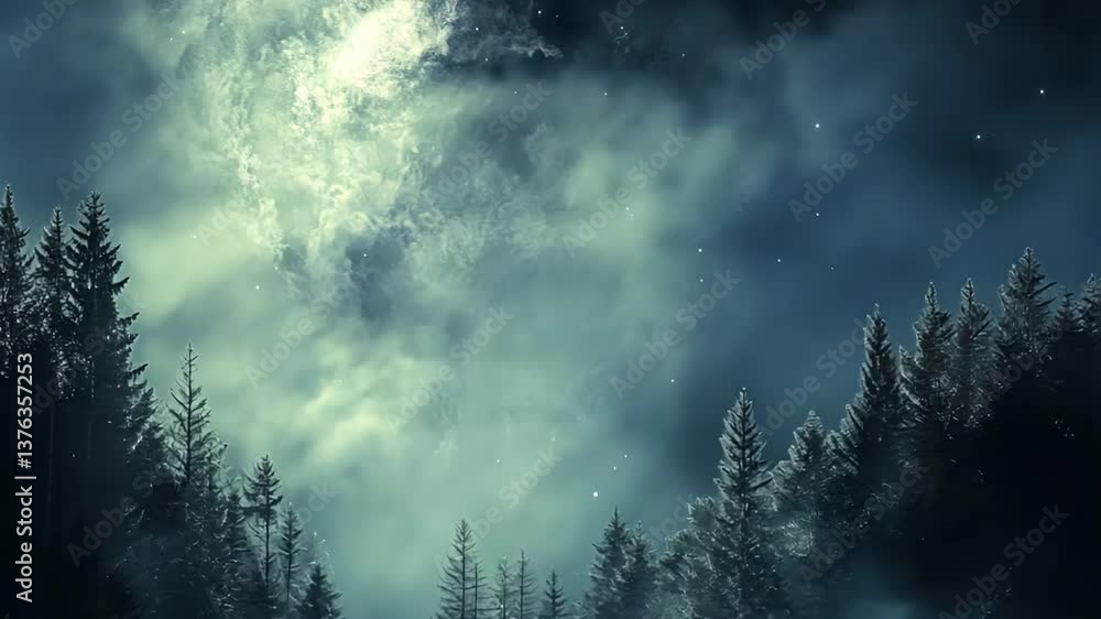 Poster enchanting night landscape with misty forest and moonlight illuminating clouds and trees in dark atm