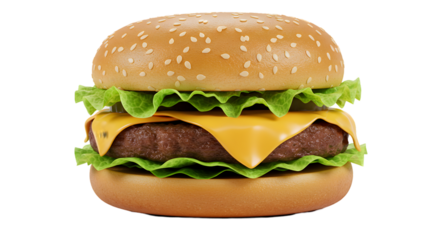 A close up shot of a hamburger with lettuce and cheese on a black plain isolated background scene