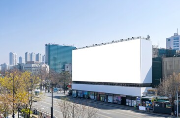 Obraz premium A realistic city scene with a large blank billboard in a modern urban street, surrounded by tall buildings and green trees, pedestrians and vehicles on the street