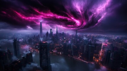 Purple Storm Over Metropolis: A Nighttime Cityscape