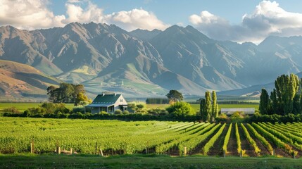 Obraz premium A tranquil farm scene with a small house and lush fields, with towering mountains in the background.