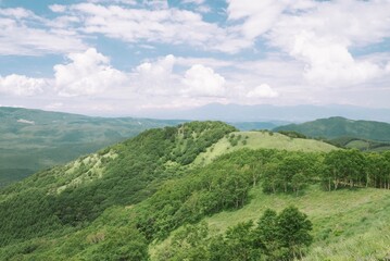 Rolling Green Hills Under a Bright Blue Sky with Clouds