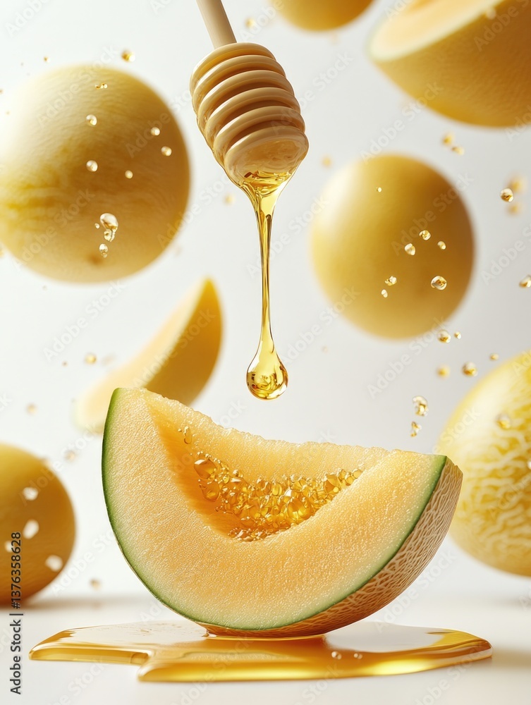Poster melon slices surrounded by honey droplets create refreshing, vib