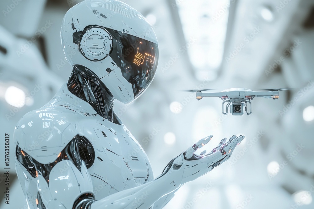 Poster white robot positioned sideways with a drone hovering near its outstretched hand in a high-tech envi