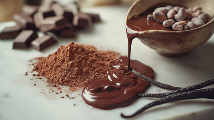 Rich melted chocolate pouring onto cocoa powder chocolate squares vanilla beans Warm lighting