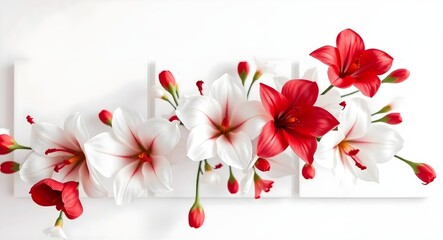 Create a stunning three-panel wall art background featuring an elegant arrangement of white and red flowers