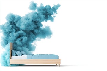 Surreal Light Blue Smoke Erupts Behind Wooden Bed on White Background