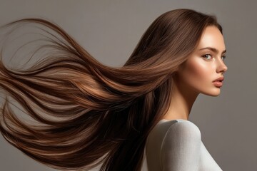 Elegant portrait showcasing flowing hair and serene expression,