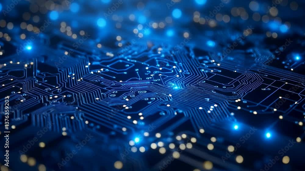 Aufkleber dynamic blue circuit board with glowing connections and light pulses in high resolution