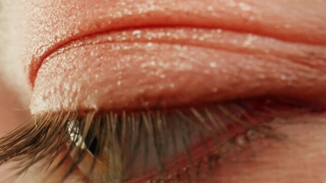 Eye shadow makeup to the upper eyeliner, close-up. Makeup artist applies a bright eye shadow with a makeup brush.Tutorial master class of professional makeup. 