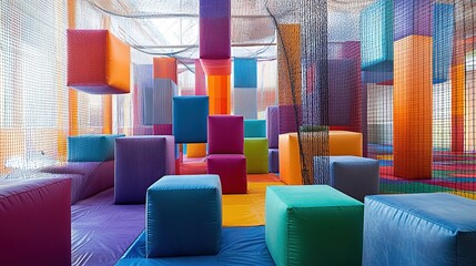 Fototapeta premium A bright indoor playground scene filled with colorful soft foam blocks in purple, orange, yellow, and blue, surrounded by colorful netted walls, sunlight streaming through windows