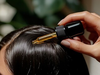 Fototapeta premium Applying nourishing hair oil with dropper for hair care and treatment