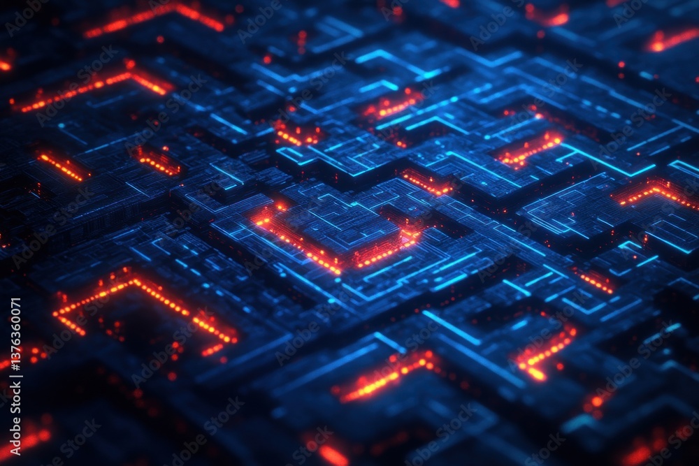 Poster complex abstract maze pattern features interwoven paths illuminated by vibrant red and blue lights, 