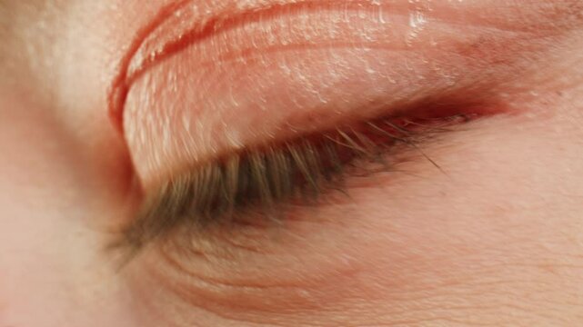 Eye shadow makeup to the upper eyeliner, close-up. Makeup artist applies a bright eye shadow with a makeup brush.Tutorial master class of professional makeup. 