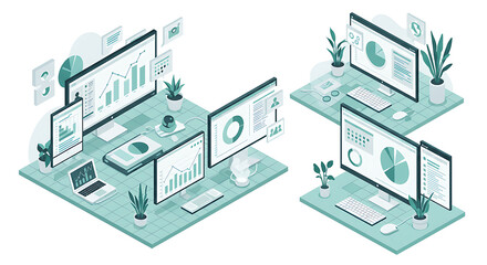 Isometric Illustration Modern Workspace with Data Analytics and Charts