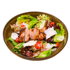 Grilled chicken salad kitchen food photography cozy setting close-up healthy eating