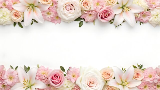 Romantic pink and white roses and lily flower border on white copy space background