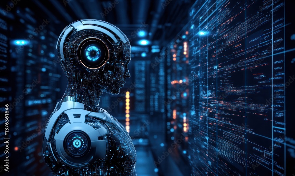 Poster a futuristic humanoid robot stands in a high-tech environment filled with data streams, showcasing t