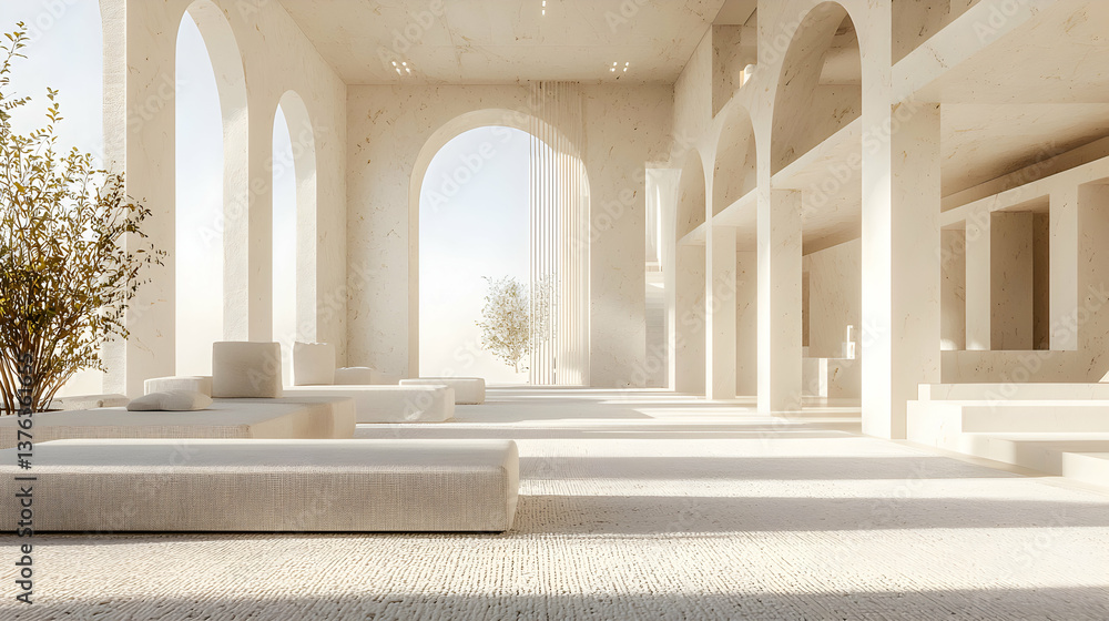 Poster sunlit minimalist courtyard architecture with beige columns and arches