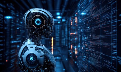 A futuristic humanoid robot stands in a high-tech environment filled with data streams, showcasing the evolution of artificial intelligence