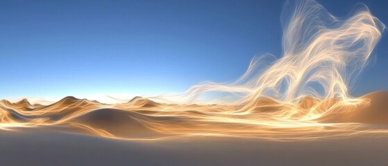 Whimsical fantasy depiction of windswept dunes desert landscape digital art ethereal environment aerial viewpoint