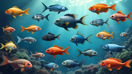 Naklejka premium A vibrant, colorful image of various fish swimming in a coral reef environment.
