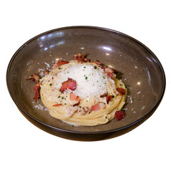 Elegant carbonara pasta fine dining photography in an artistic setting