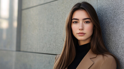 Fototapeta premium Long Straight Hair with a Deep Side Part Against a Neutral Wall