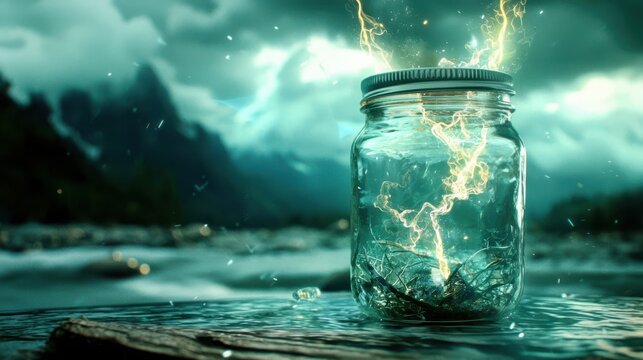 Scientific illustration of entropy increase with lightning in a jar natural landscape gigapixel standard conceptual visual