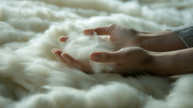 High-resolution product shot of hands gently pressing soft wool fibers