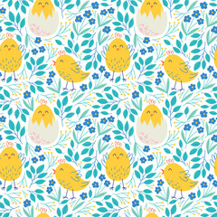 Seamless pattern with cute Easter chicks and floral elements. Spring vector background design for wrapping paper, textile and fabrics