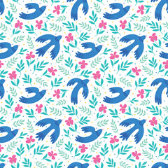 Seamless pattern with blue flying birds and floral elements. Spring vector background design for wrapping paper, textile and fabrics