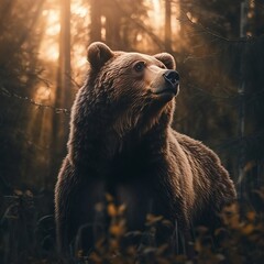 Obraz premium Powerful bear walking along the forest stream with trees image