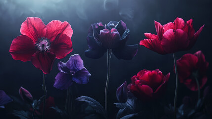 Obraz premium Dramatic Flowers in Gothic Light. A moody floral arrangement features dramatic blooms in shades of red, purple, and black against a dark, ethereal backdrop.