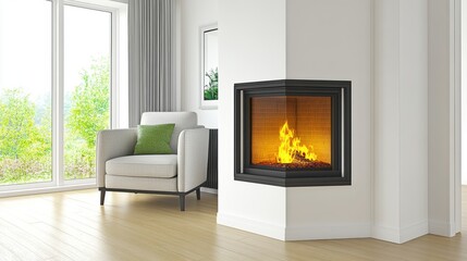 Bright and Modern Living Room with Corner Fireplace, Cozy Armchair, Lime Green Pillow, and Large Filling Space with Natural Light