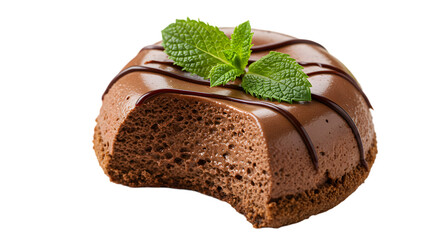 A decadent chocolate mousse dessert with a bite taken out and mint garnish on a black background