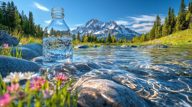 Refreshing elixir bottle nestled amidst pristine alpine river scenery landscape