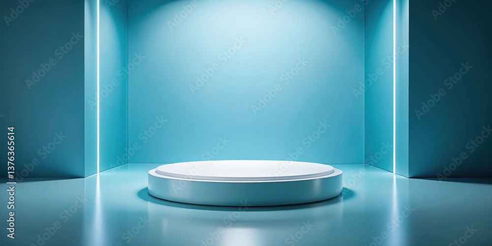 Poster elevated platform in a serene blue room with subtle lighting