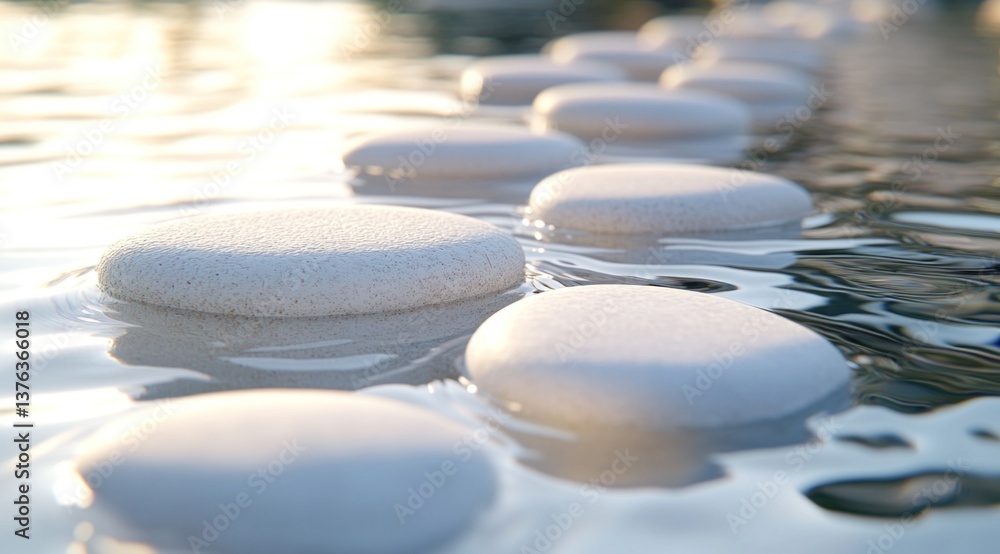 Poster smooth white pebbles lie in clear water, reflecting textures in soft evening light, creating a tranq