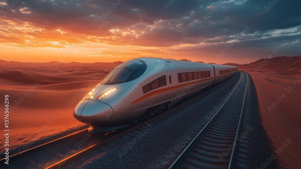 Aufkleber a futuristic smart train glides along tracks in a desert at sunset, demonstrating advanced logistics
